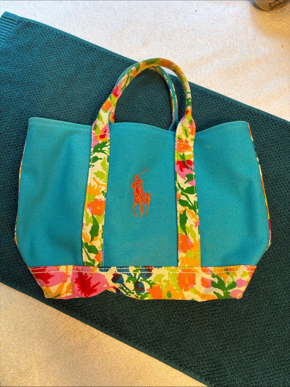 Vintage EUC Ralph Lauren Turquoise Canvas Tote with Floral Trim